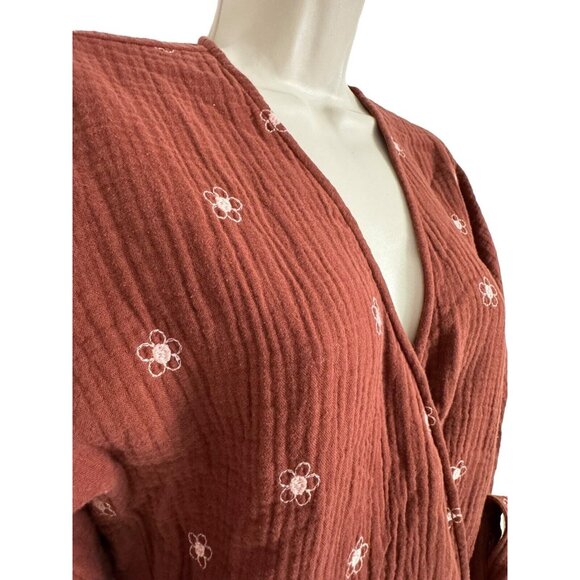 Madewell Wrap Gauze Cotton Side Tie Blouse Embroidered Pink Flowers Size XS - Picture 6 of 10